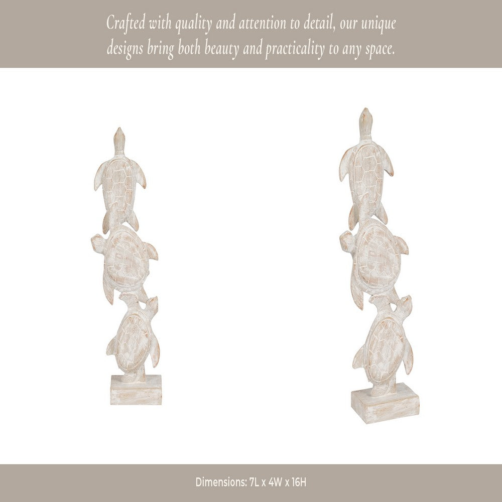 Stacked Turtle Home Decor Figurine | 16" | Distressed White Resin