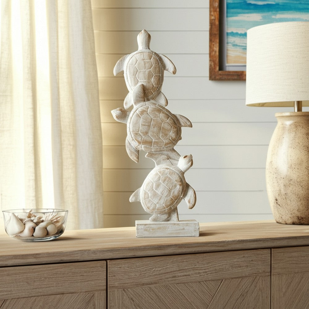 Stacked Turtle Home Decor Figurine | 16" | Distressed White Resin