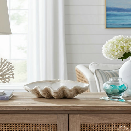 Decorative Accent Bowl | Textured Pearl Shell Design | Ivory White