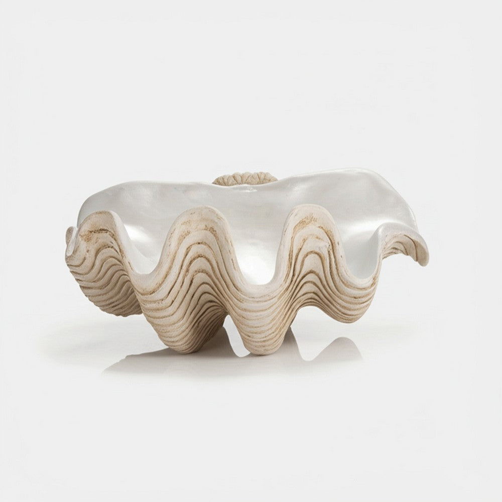 Pearlized Clam Shell Bowl | Wavy Textured Ivory & White Polyresin | 16"