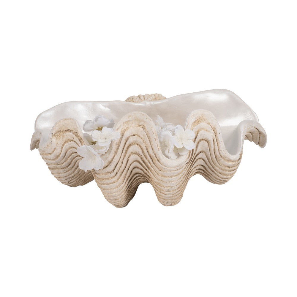 Pearlized Clam Shell Bowl | Wavy Textured Ivory & White Polyresin | 16"