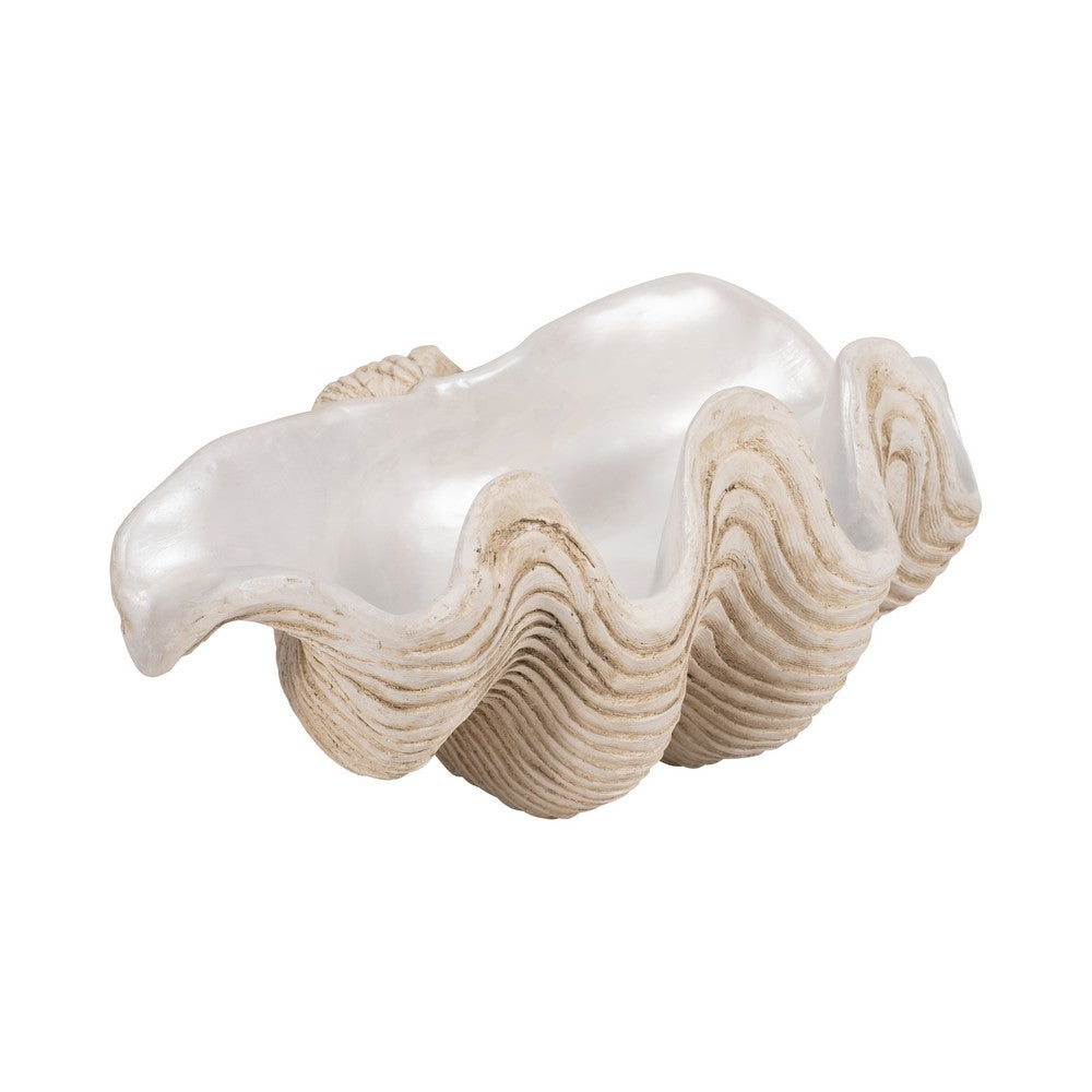Pearlized Clam Shell Bowl | Wavy Textured Ivory & White Polyresin | 16"