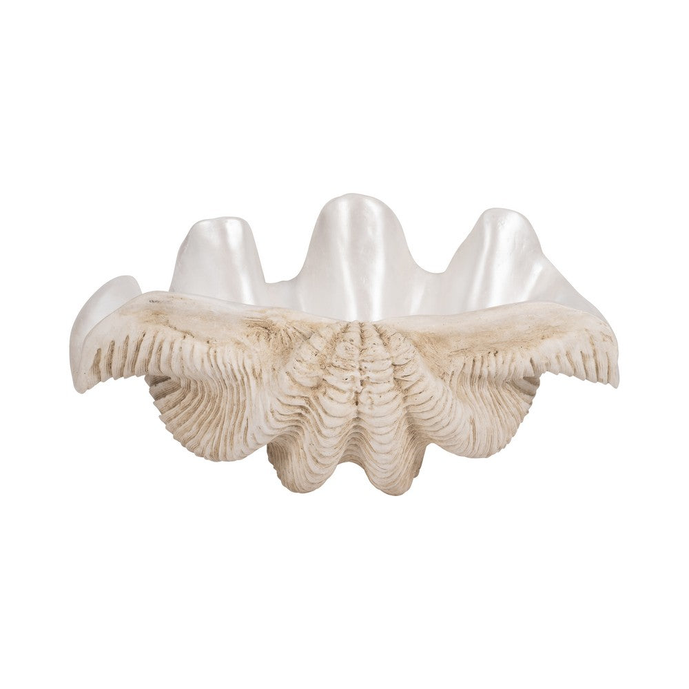 Pearlized Clam Shell Bowl | Wavy Textured Ivory & White Polyresin | 16"