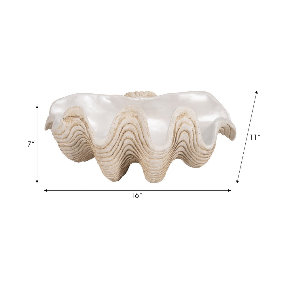 Pearlized Clam Shell Bowl | Wavy Textured Ivory & White Polyresin | 16"
