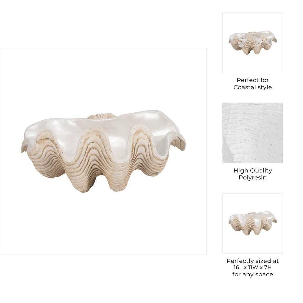 Pearlized Clam Shell Bowl | Wavy Textured Ivory & White Polyresin | 16"