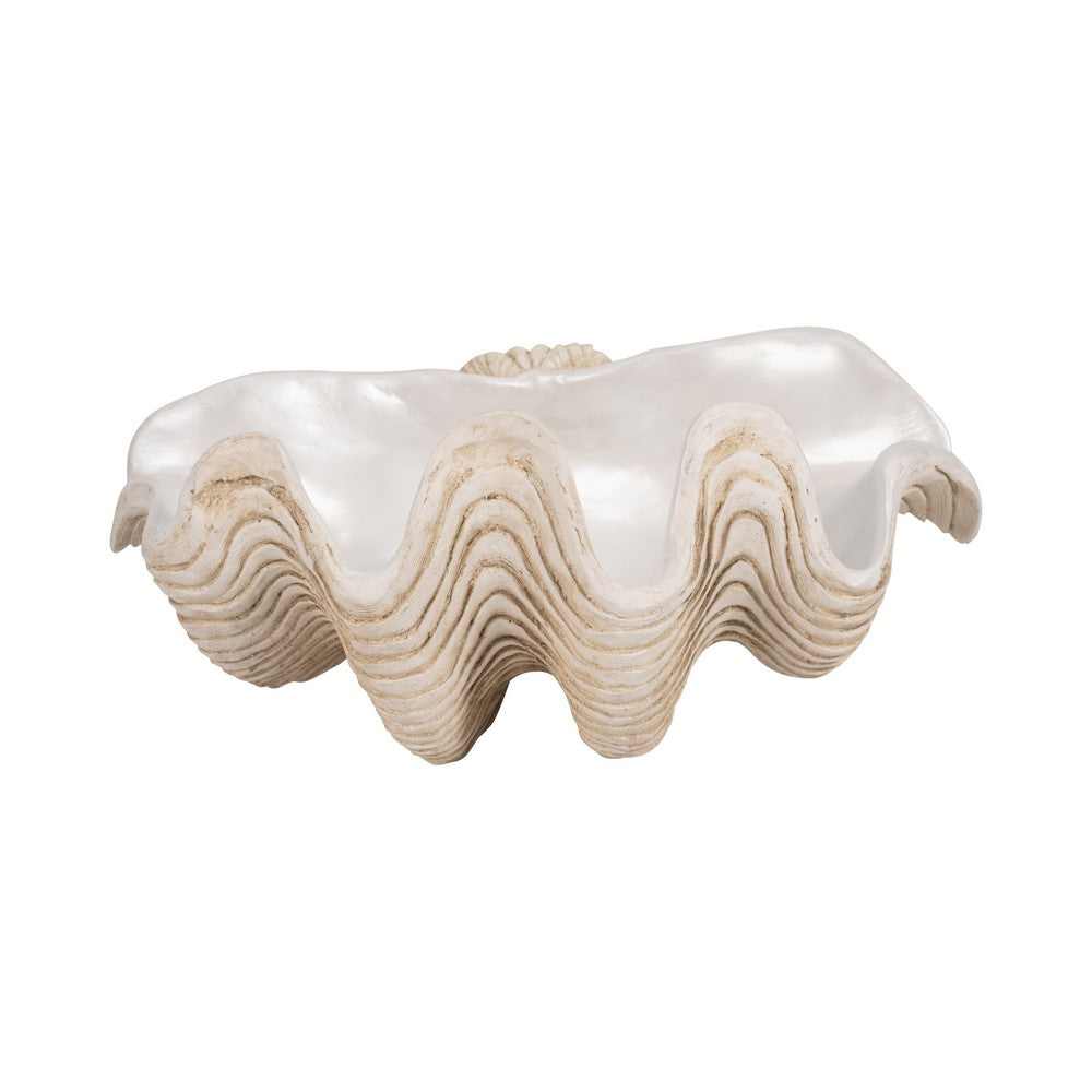 Pearlized Clam Shell Bowl | Wavy Textured Ivory & White Polyresin | 16"