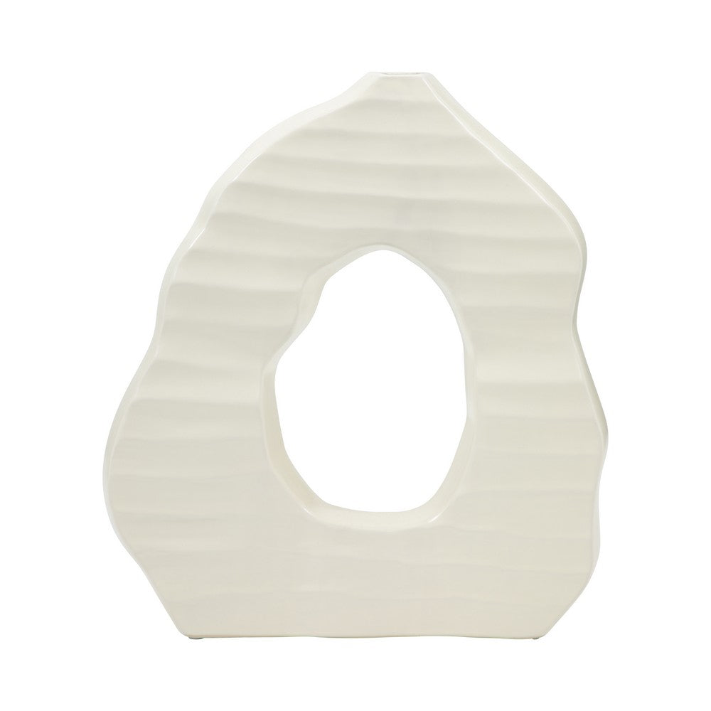 Open Cut Out Decorative Flower Vase | 14" | Ribbed Ivory Ceramic