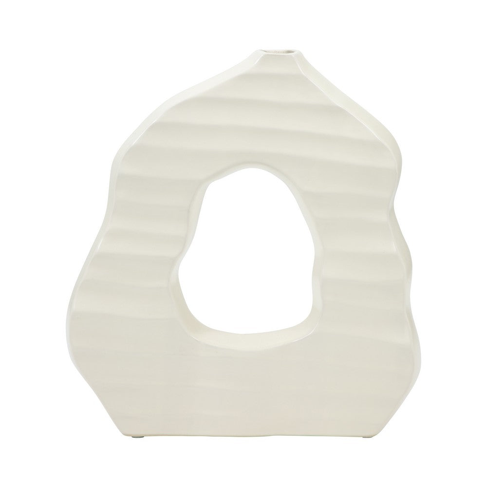 Decorative Vase | Open Ring Cut Out | Ribbed Ivory Ceramic | 12"