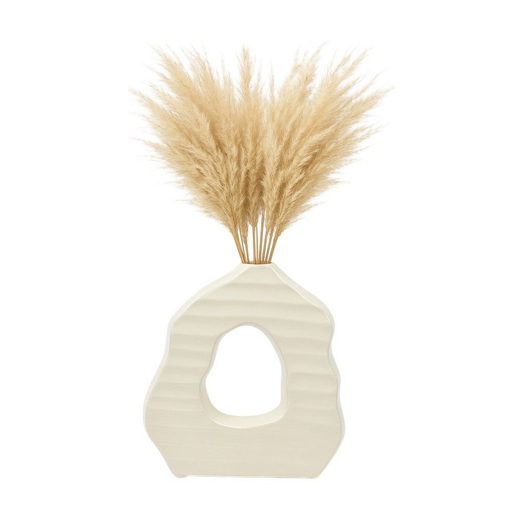 Decorative Vase | Open Ring Cut Out | Ribbed Ivory Ceramic | 12"