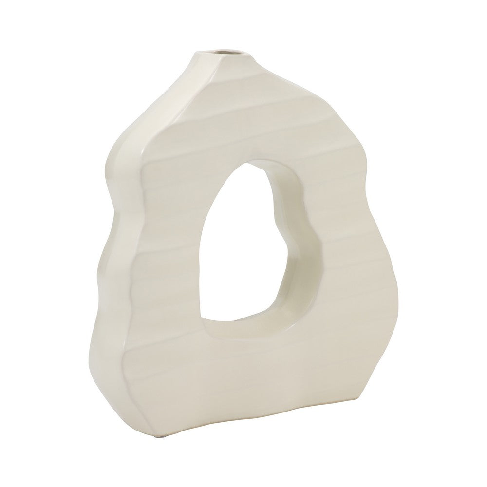 Decorative Vase | Open Ring Cut Out | Ribbed Ivory Ceramic | 12"