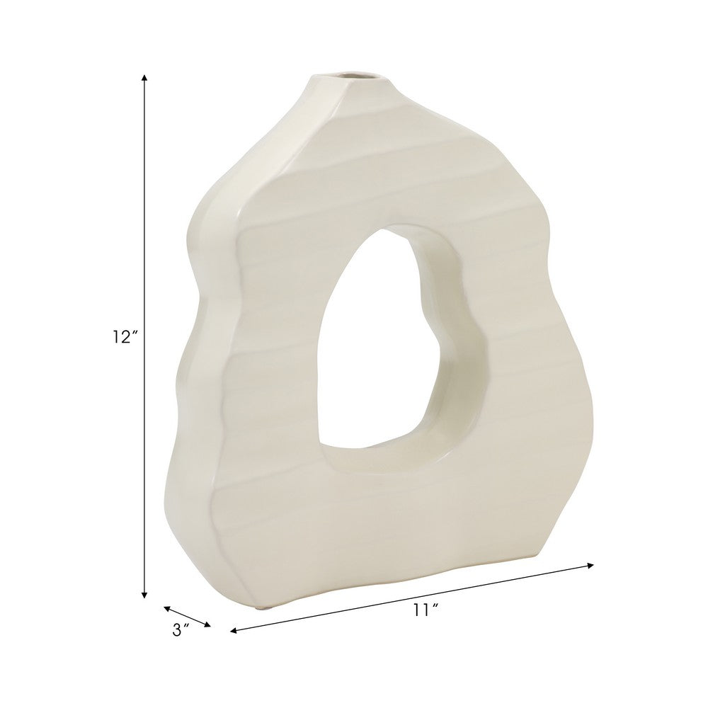 Decorative Vase | Open Ring Cut Out | Ribbed Ivory Ceramic | 12"