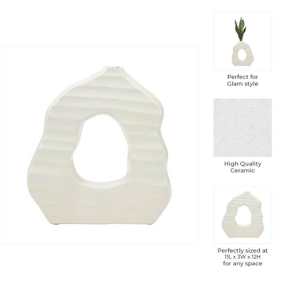 Decorative Vase | Open Ring Cut Out | Ribbed Ivory Ceramic | 12"