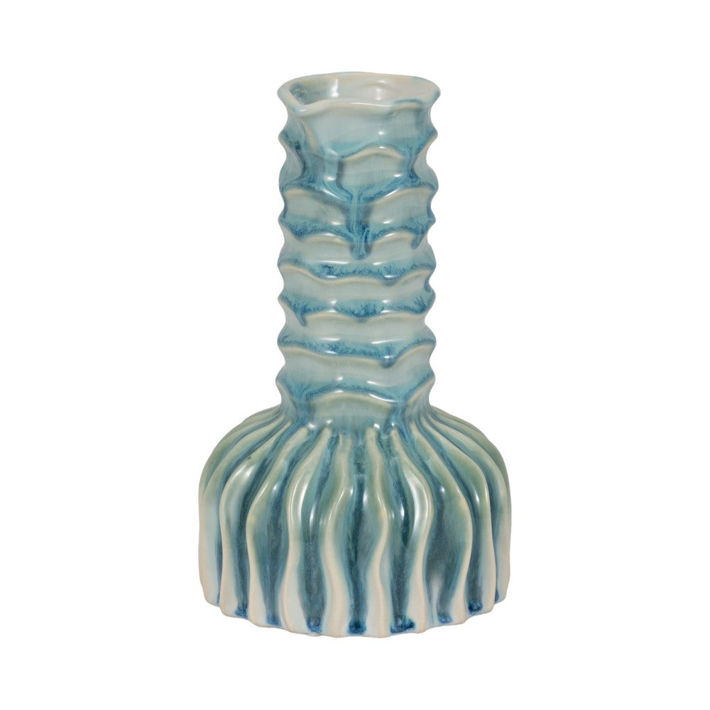 Decorative Vase | 9" Tall Coastal Ribbed Design | Glazed Blue & White