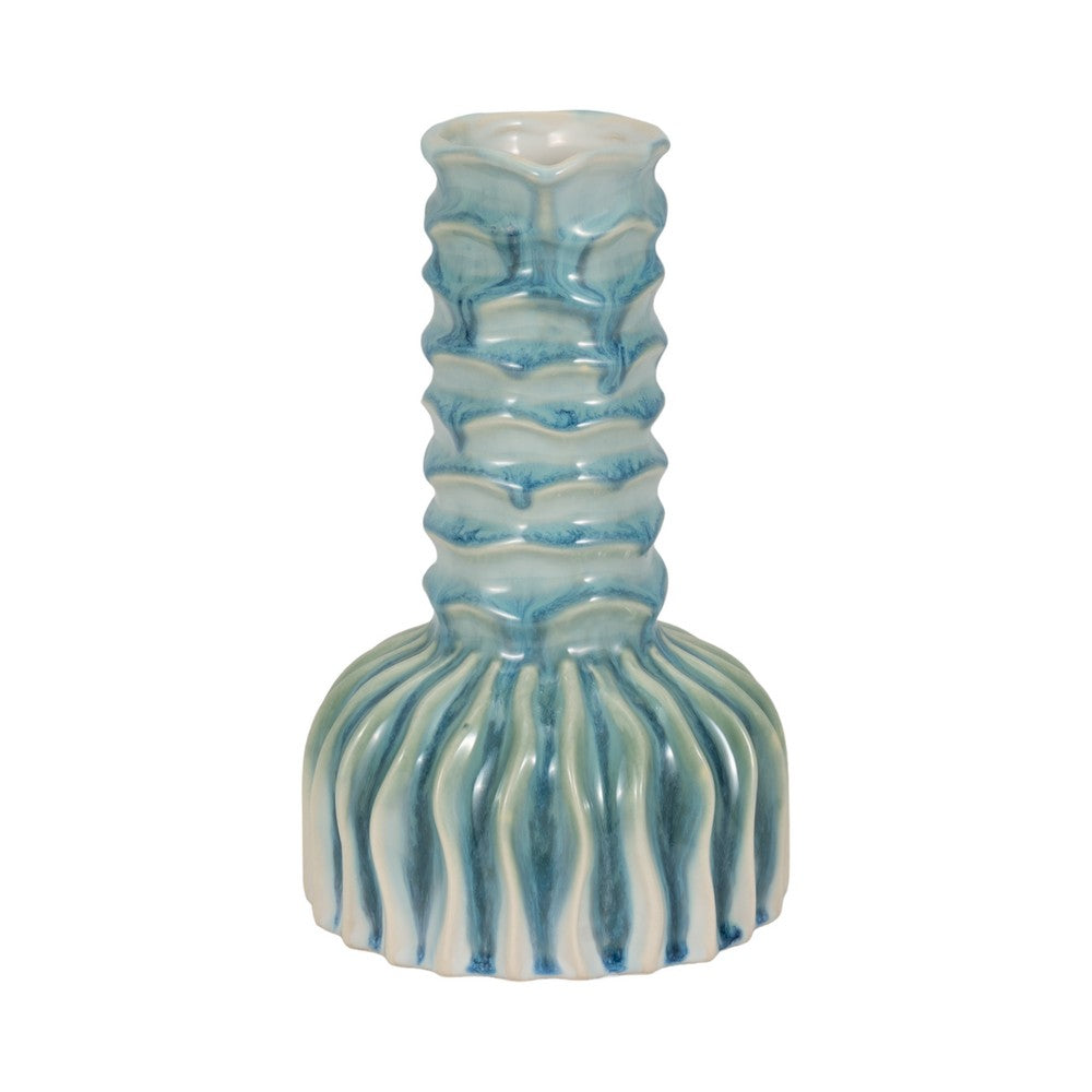 Decorative Vase | 9" Tall Coastal Ribbed Design | Glazed Blue & White