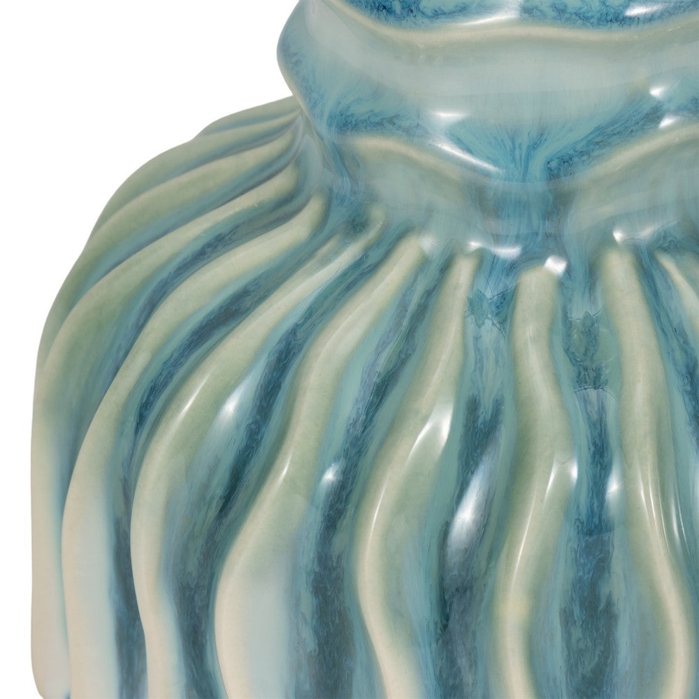 Decorative Vase | 9" Tall Coastal Ribbed Design | Glazed Blue & White