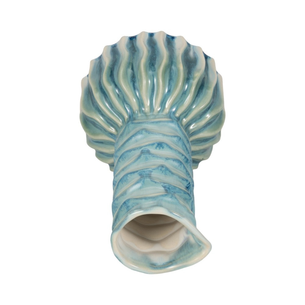 Decorative Vase | 9" Tall Coastal Ribbed Design | Glazed Blue & White