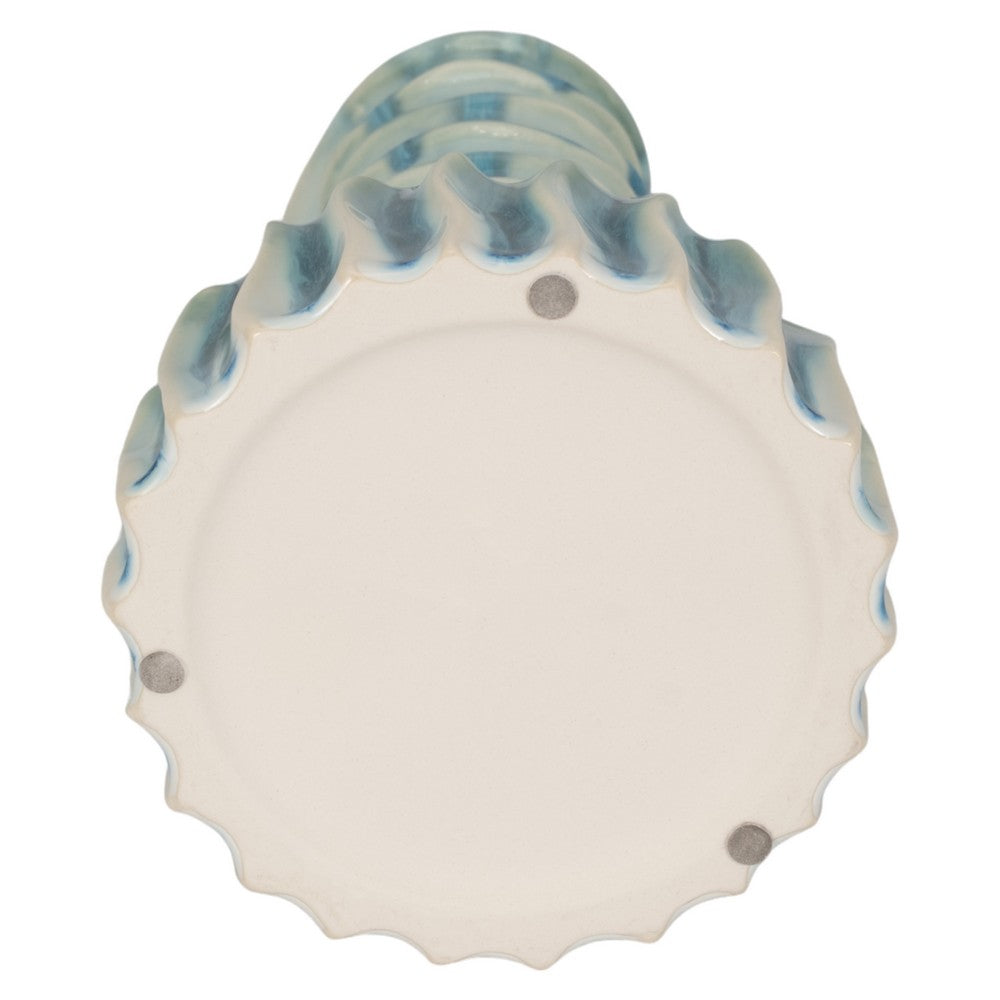 Decorative Vase | 9" Tall Coastal Ribbed Design | Glazed Blue & White