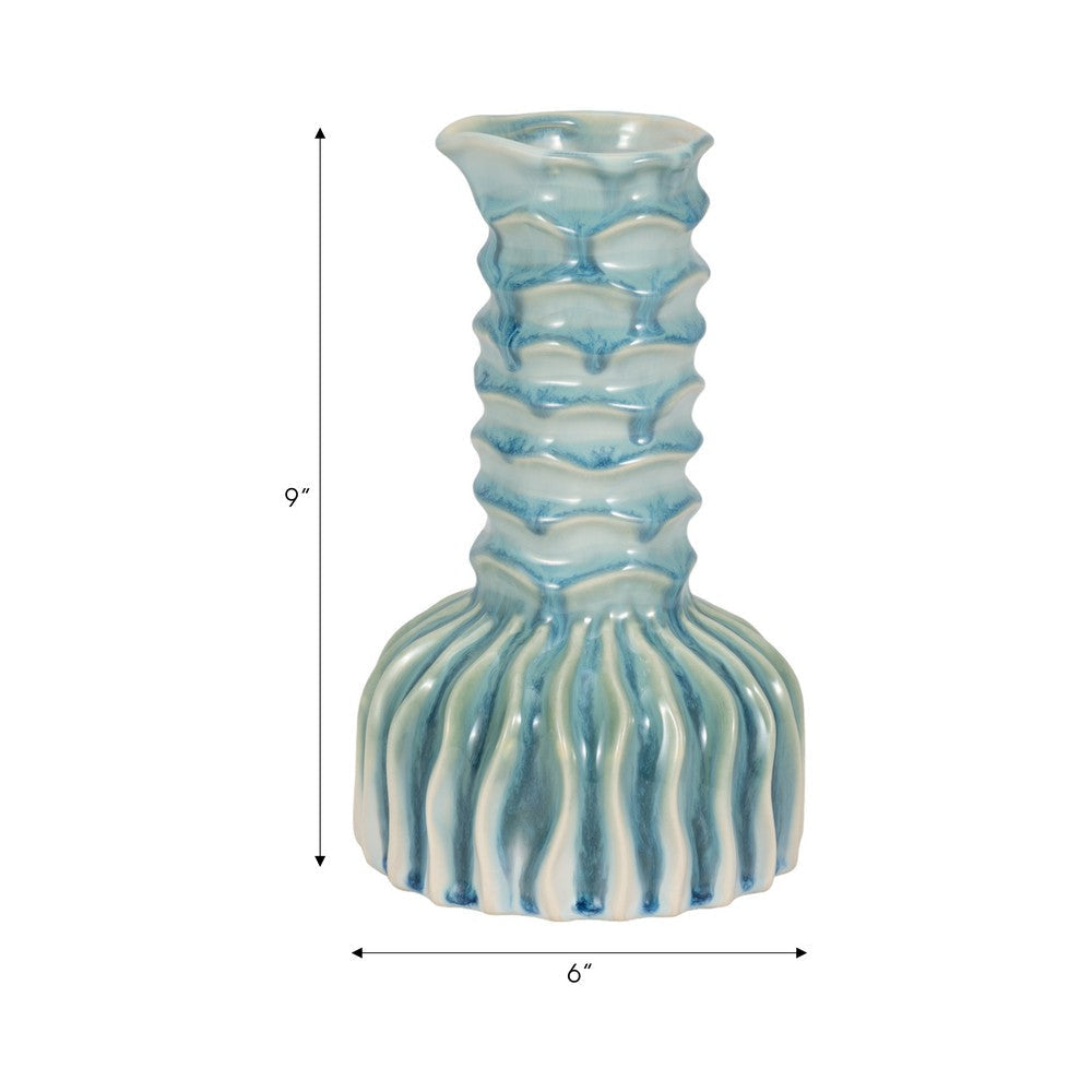 Decorative Vase | 9" Tall Coastal Ribbed Design | Glazed Blue & White