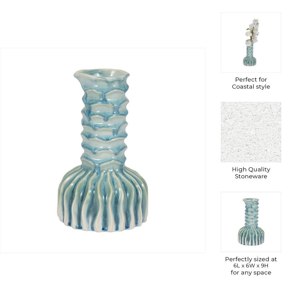 Decorative Vase | 9" Tall Coastal Ribbed Design | Glazed Blue & White