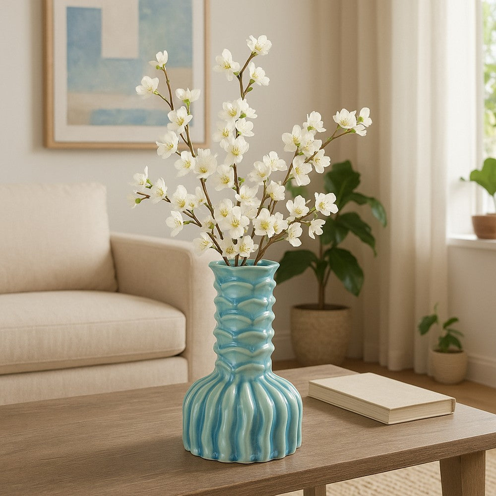 Decorative Vase | 9" Tall Coastal Ribbed Design | Glazed Blue & White