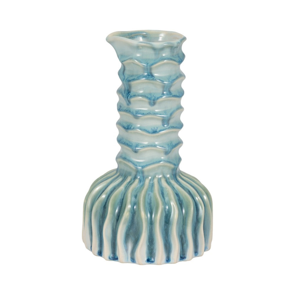 Decorative Vase | 9" Tall Coastal Ribbed Design | Glazed Blue & White