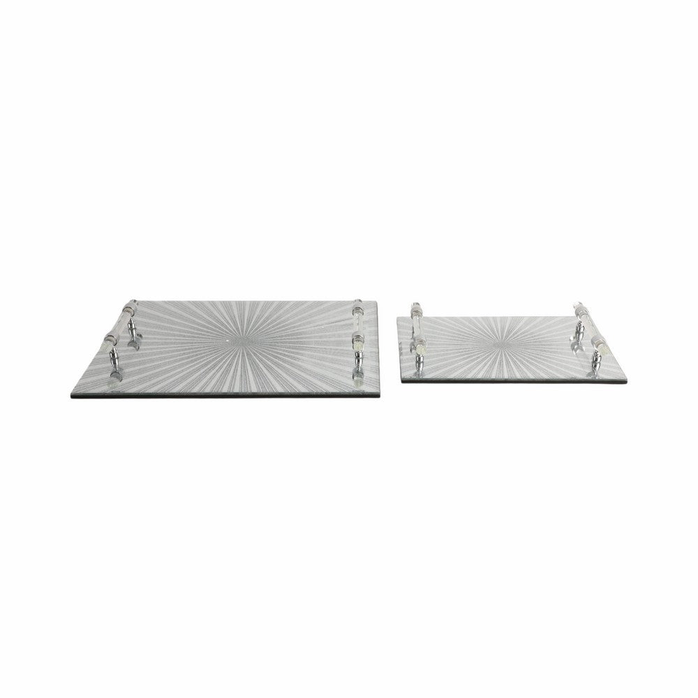 Sparkly Starburst Decorative Tray Set of 2 | Glass Handles | Silver Finish