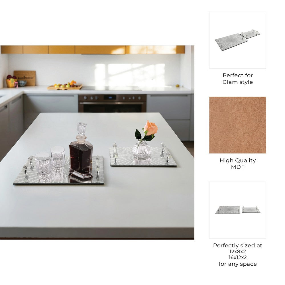 Sparkly Starburst Decorative Tray Set of 2 | Glass Handles | Silver Finish