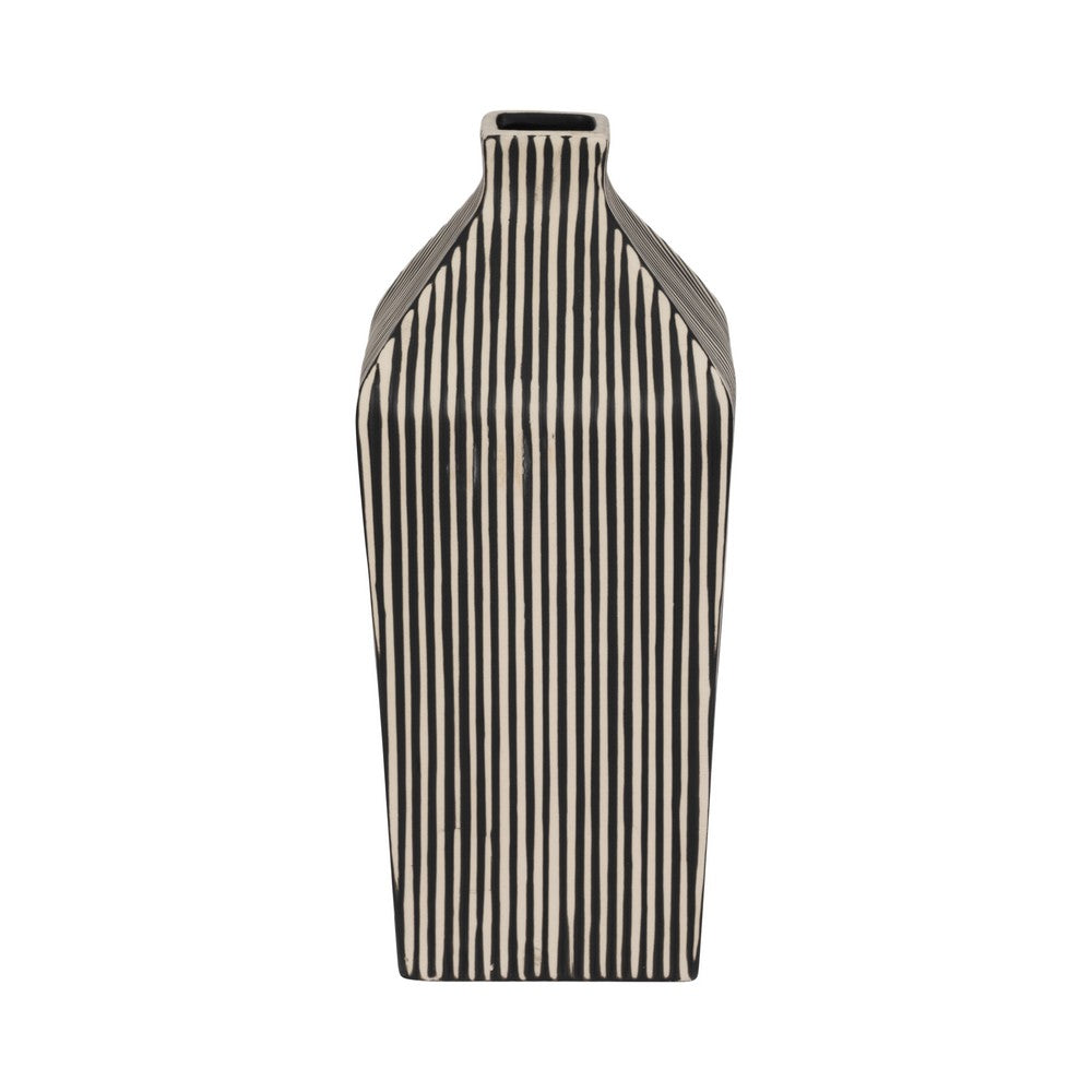 Decorative Vase | 11" Vertical Striped Ceramic | Classic Black & White