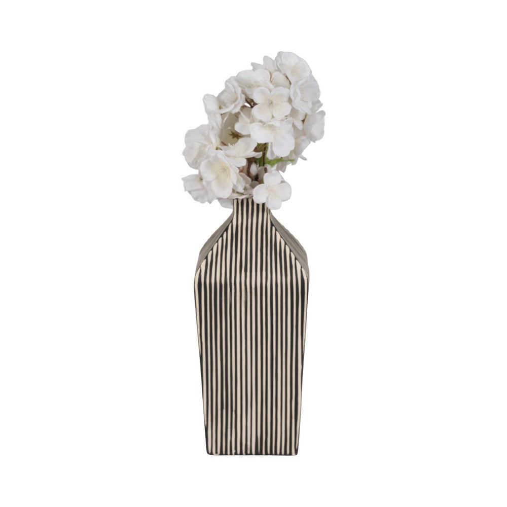 Decorative Vase | 11" Vertical Striped Ceramic | Classic Black & White