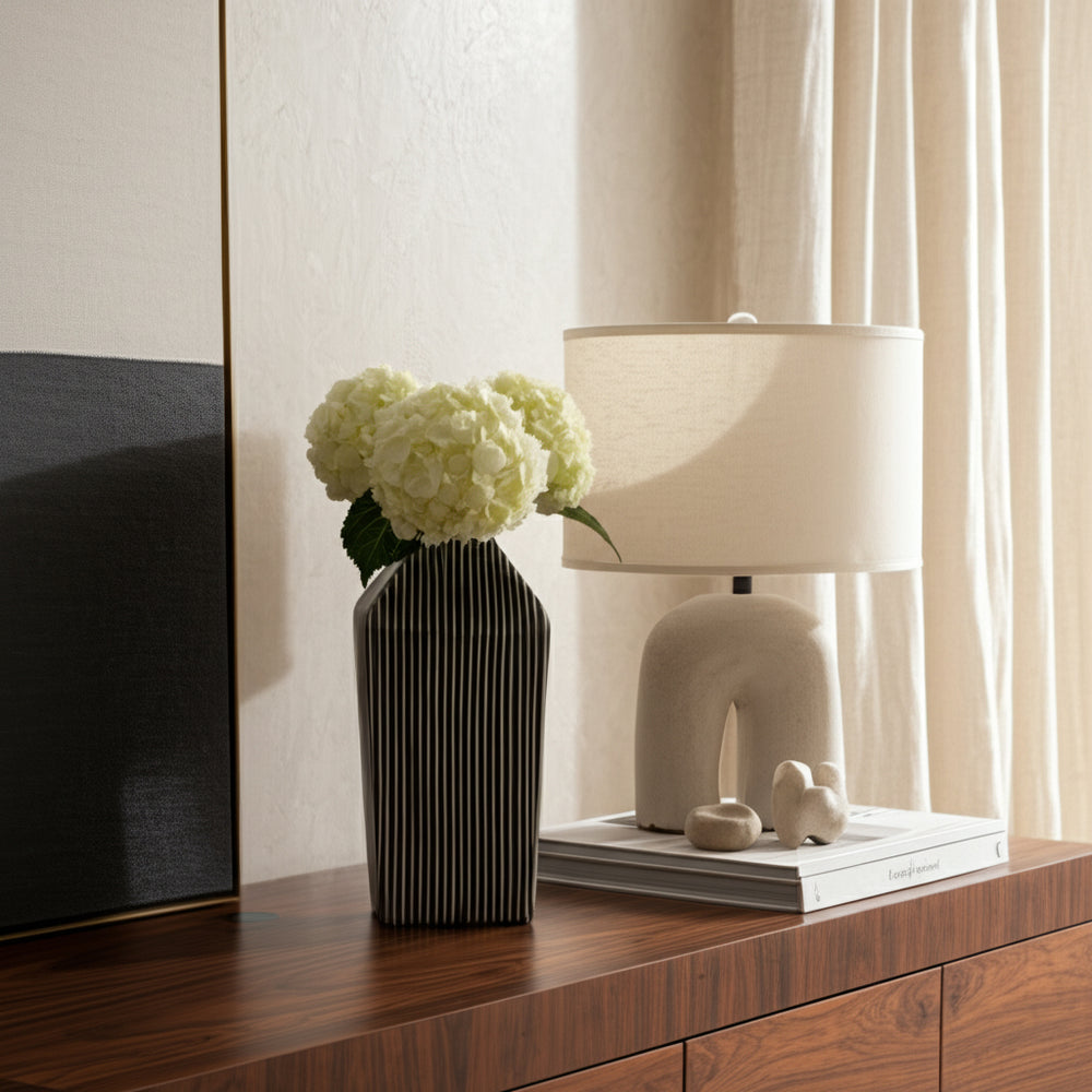 Decorative Vase | 11" Vertical Striped Ceramic | Classic Black & White