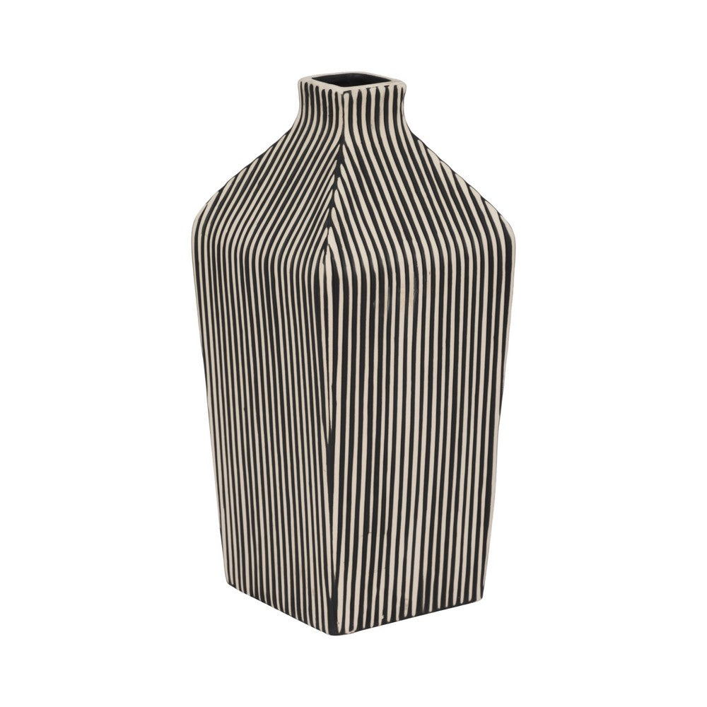 Decorative Vase | 11" Vertical Striped Ceramic | Classic Black & White