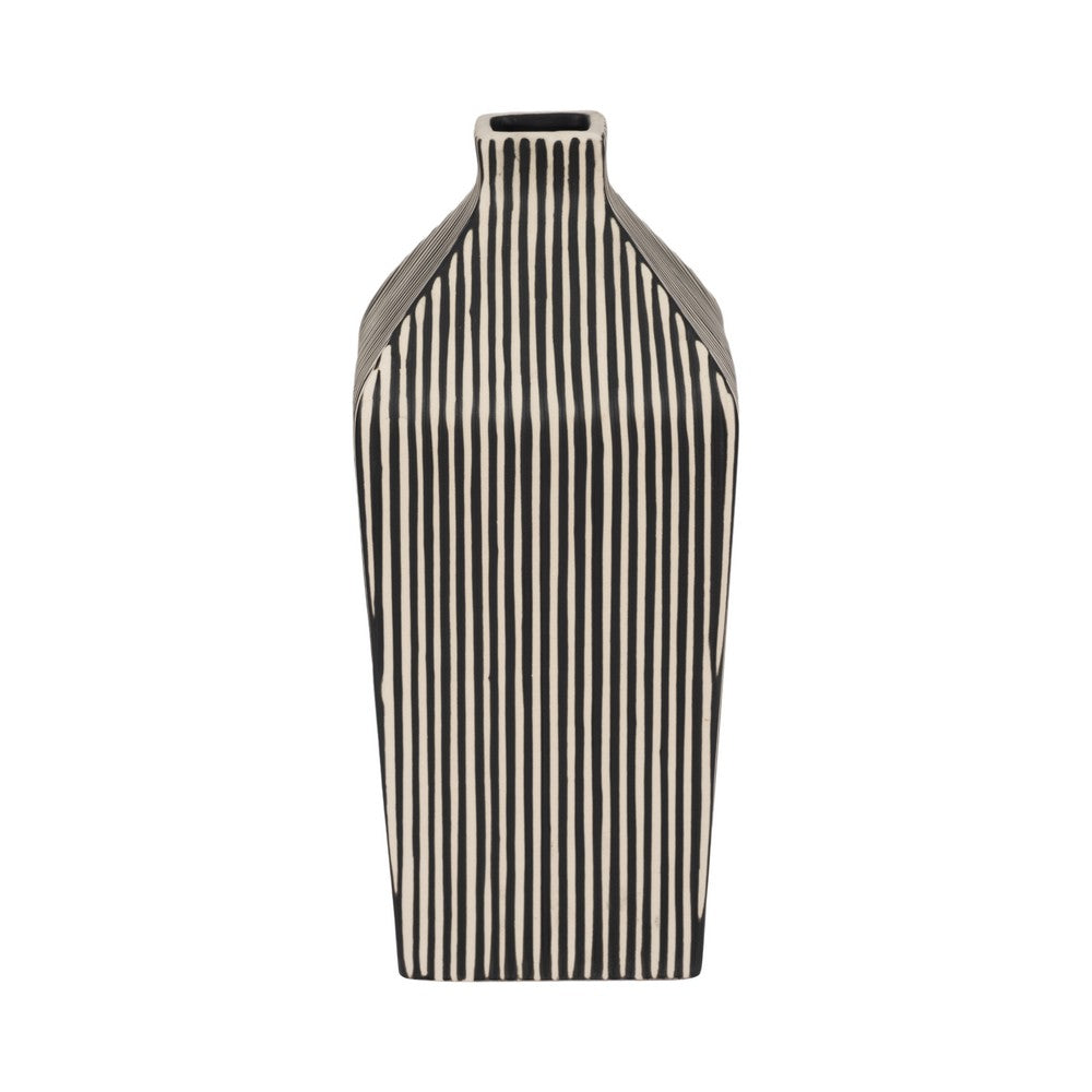 Decorative Vase | 11" Vertical Striped Ceramic | Classic Black & White