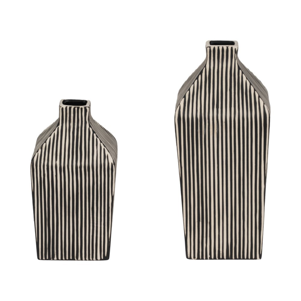Decorative Vase | 11" Vertical Striped Ceramic | Classic Black & White