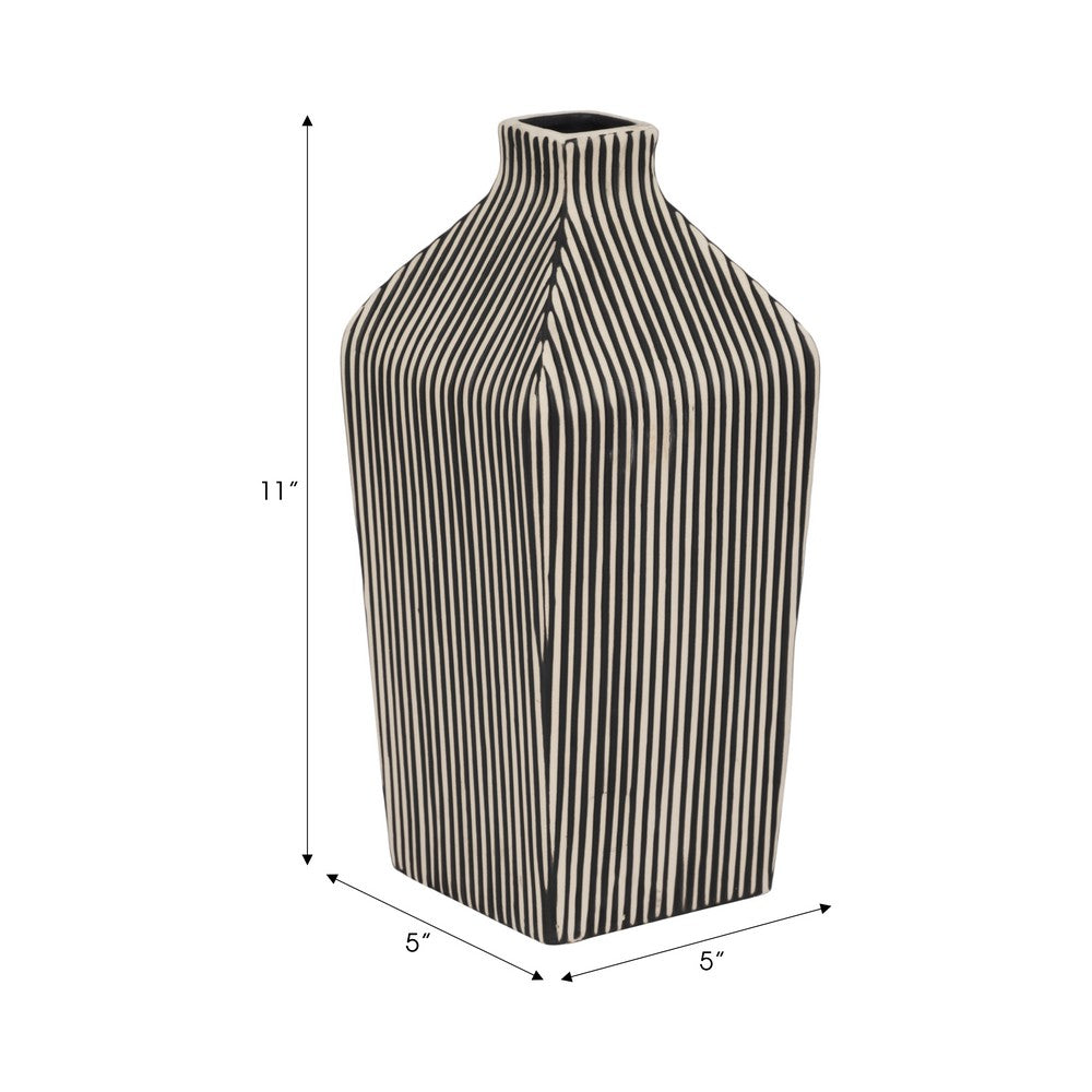 Decorative Vase | 11" Vertical Striped Ceramic | Classic Black & White