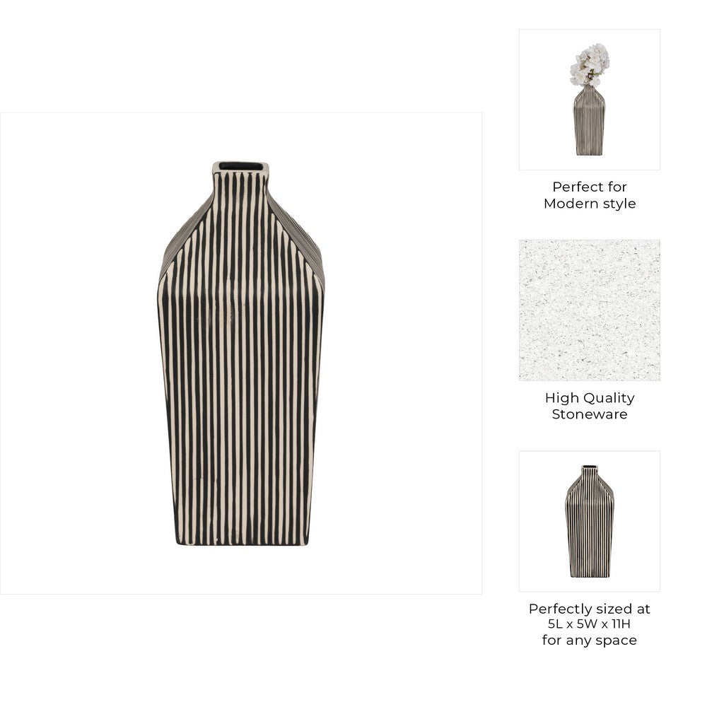 Decorative Vase | 11" Vertical Striped Ceramic | Classic Black & White