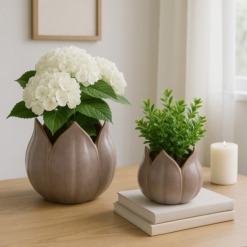 Lexy Outdoor Petal Flower Planter Set of 2 | Purple Stoneware Ceramic