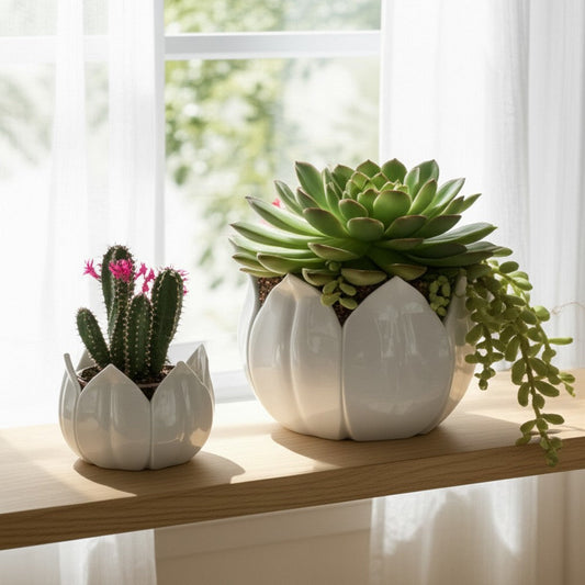 Lexy Decorative Flower Petal Planter Pot Set of 2 | White Stoneware Ceramic