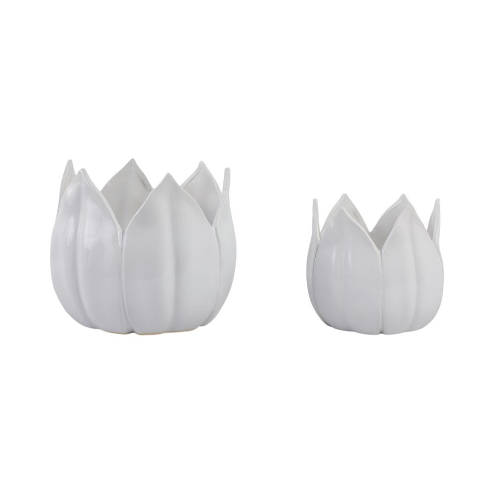 Lexy Decorative Flower Petal Planter Pot Set of 2 | White Stoneware Ceramic