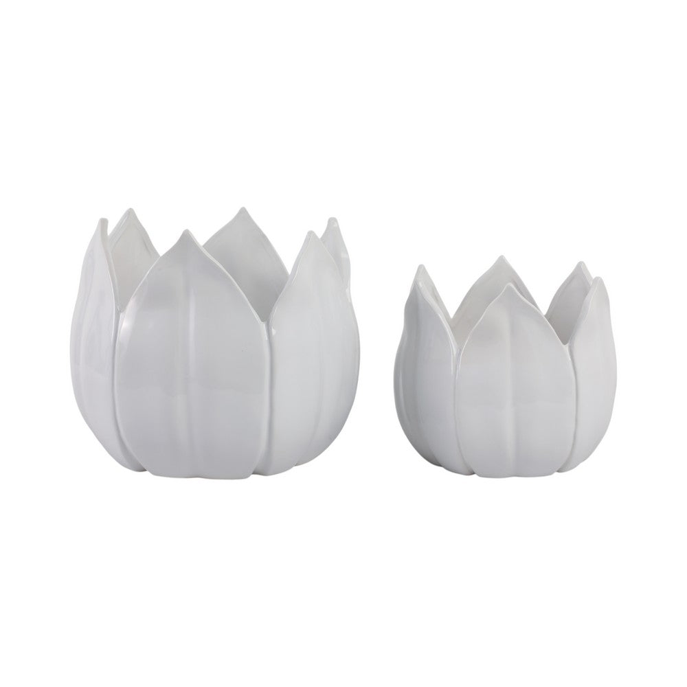Lexy Decorative Flower Petal Planter Pot Set of 2 | White Stoneware Ceramic