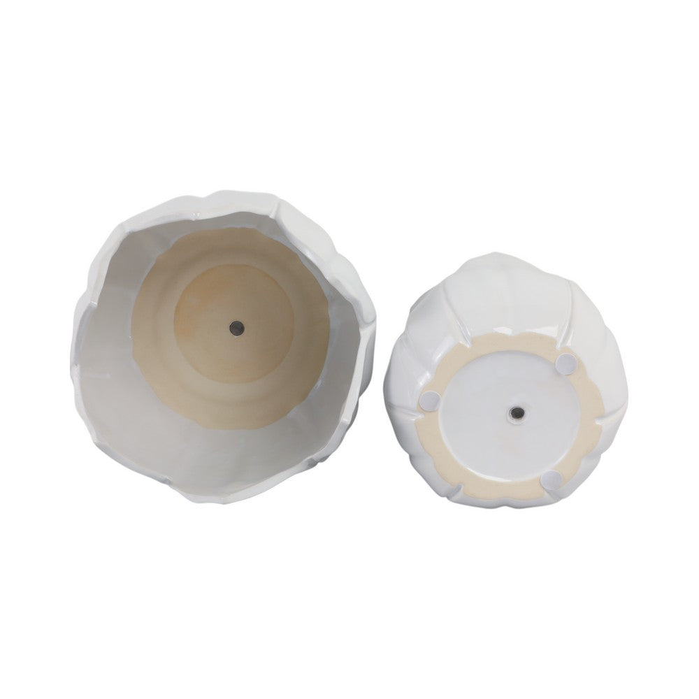 Lexy Decorative Flower Petal Planter Pot Set of 2 | White Stoneware Ceramic
