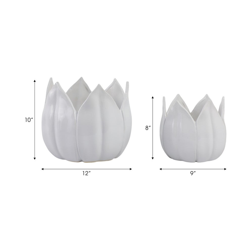 Lexy Decorative Flower Petal Planter Pot Set of 2 | White Stoneware Ceramic
