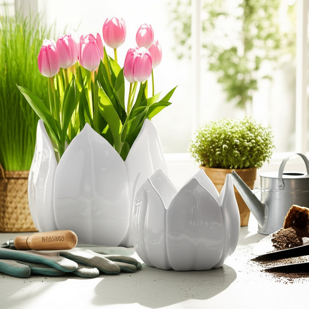 Lexy Decorative Flower Petal Planter Pot Set of 2 | White Stoneware Ceramic