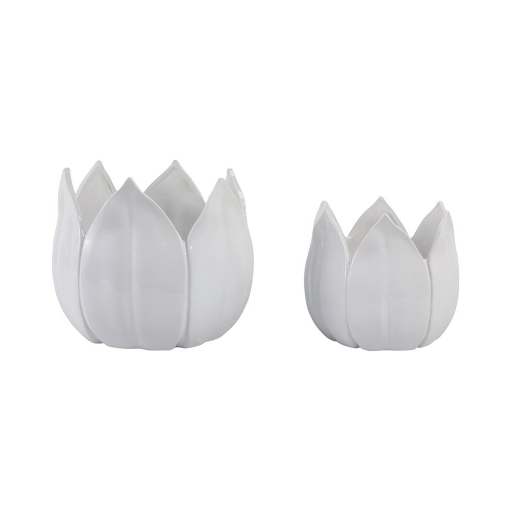 Lexy Decorative Flower Petal Planter Pot Set of 2 | White Stoneware Ceramic