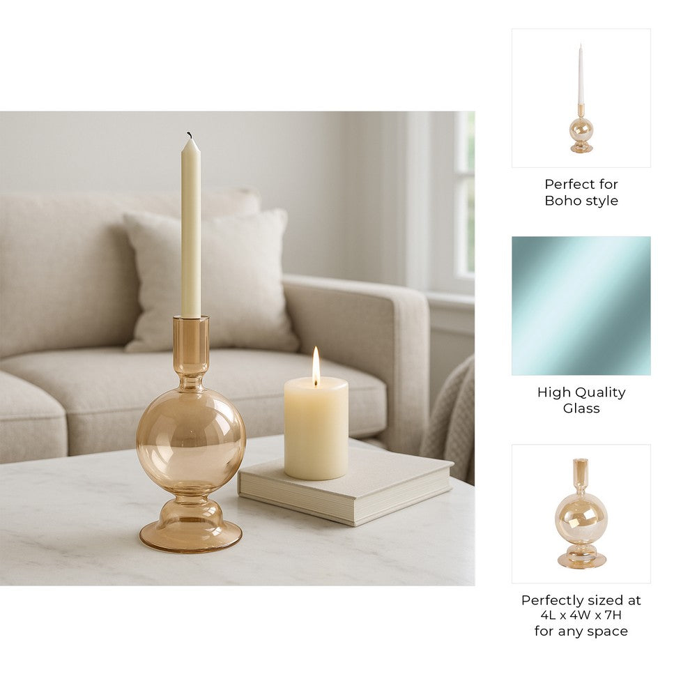 Bela Taper Candle Holder | Bubble Shape Pedestal Base | Gold Luster Glass