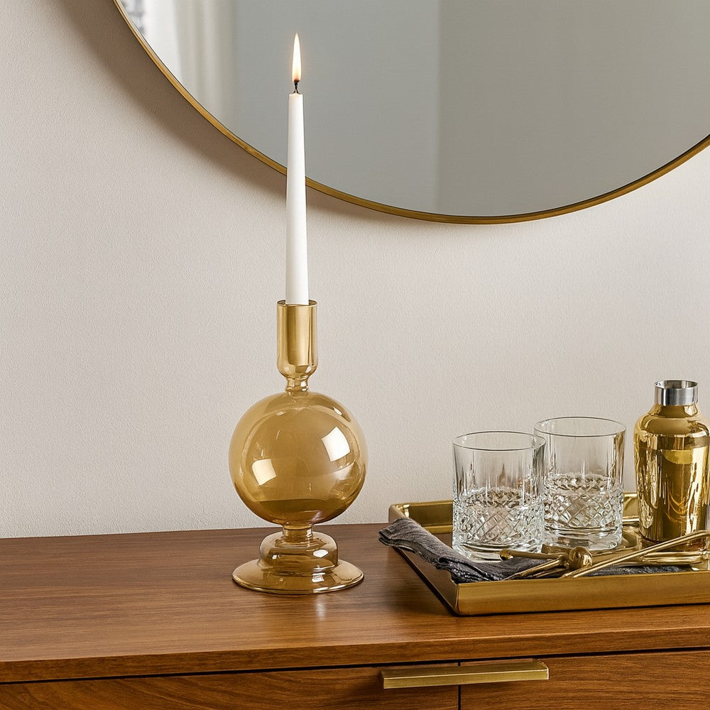 Bela Taper Candle Holder | Bubble Shape Pedestal Base | Gold Luster Glass