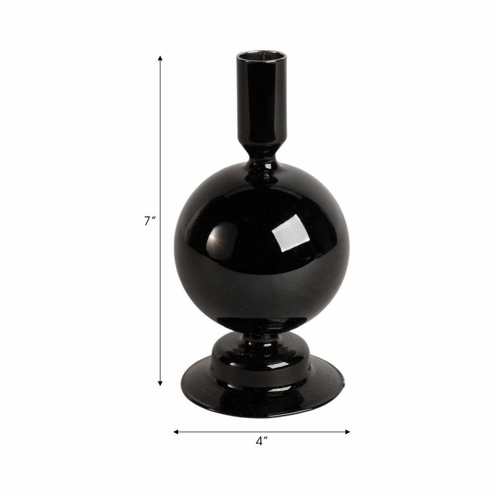 Yves Decorative Bubble Candle Holder | Tapered Design | Black Glass 7"