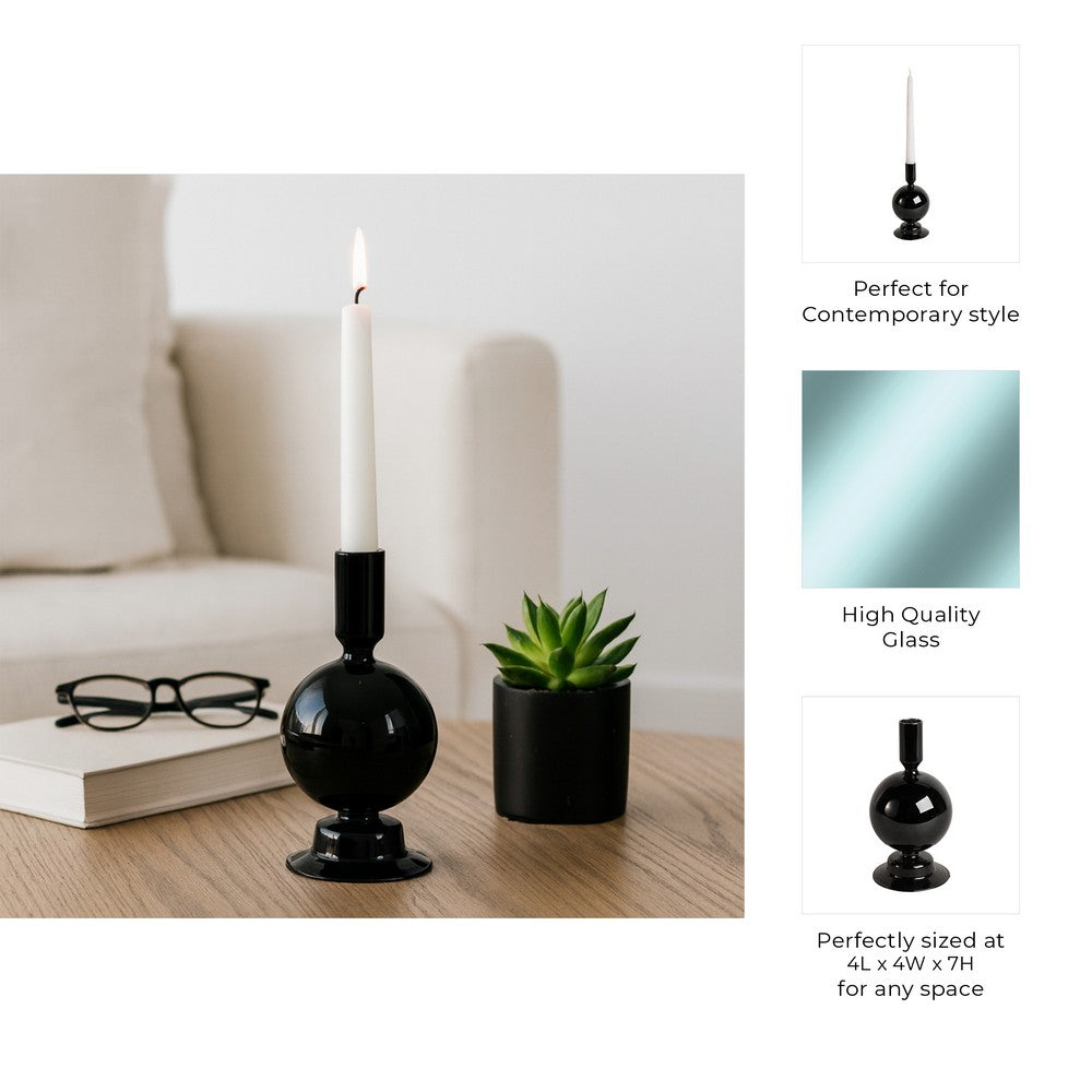 Yves Decorative Bubble Candle Holder | Tapered Design | Black Glass 7"