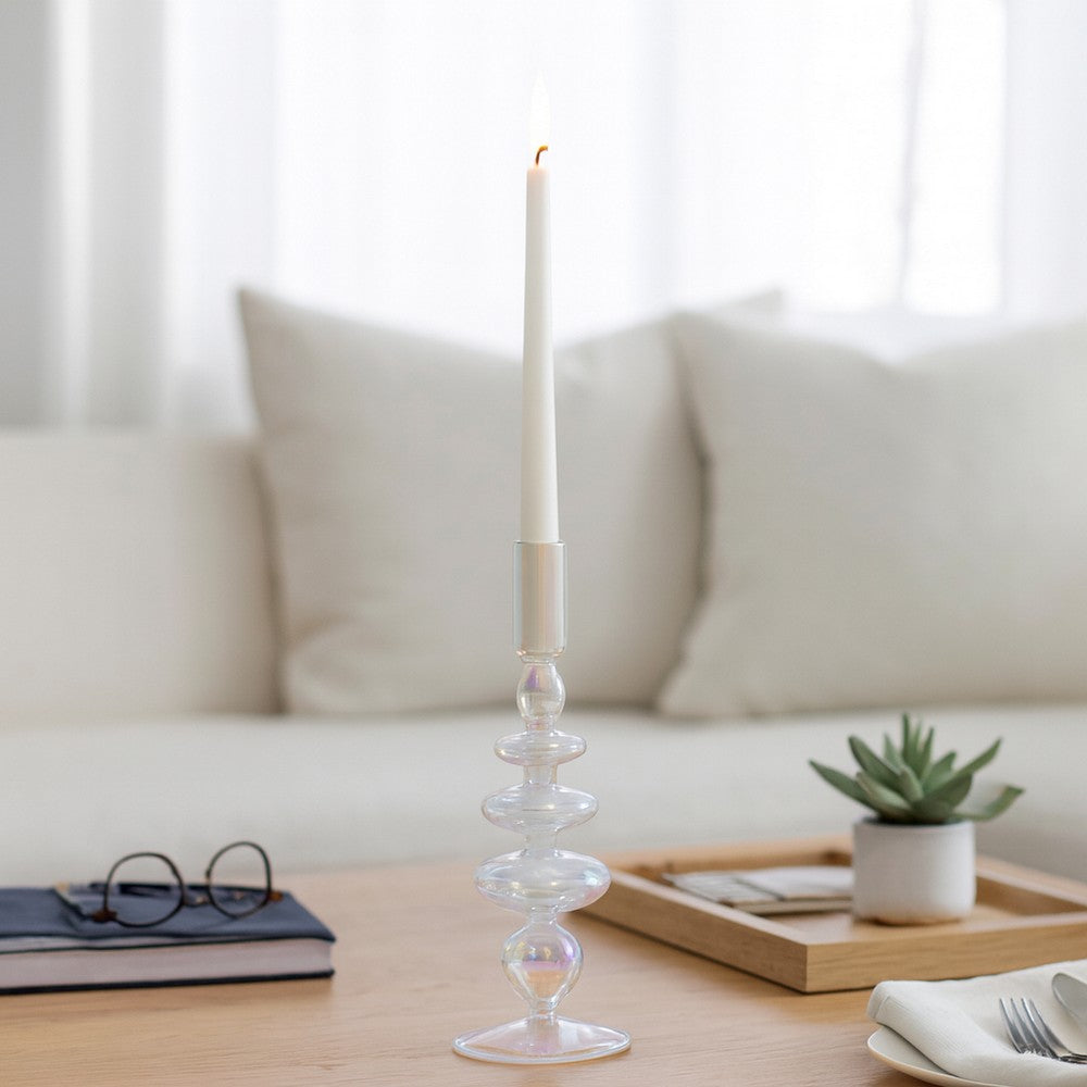 11" Vintage Glass Tapered Candle Holder w Iridescent Clear Luster