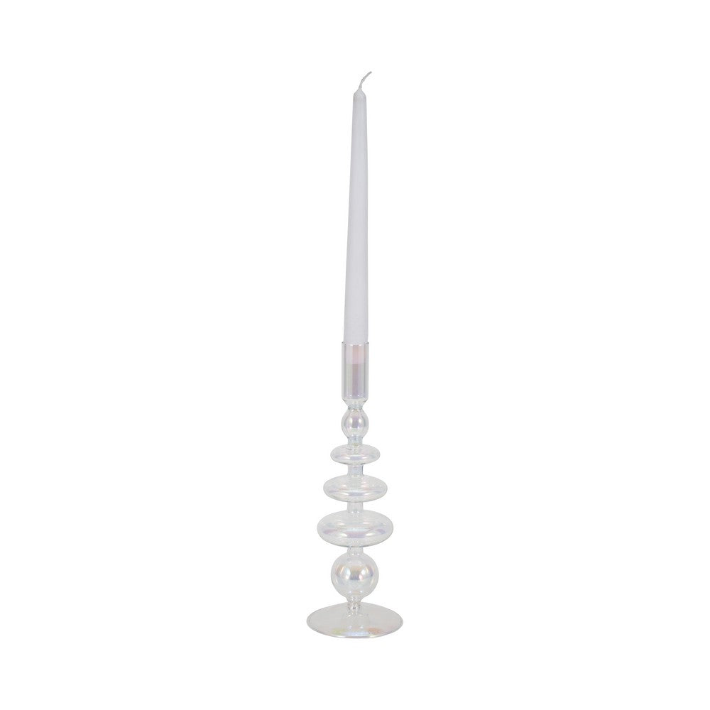 11" Vintage Glass Tapered Candle Holder w Iridescent Clear Luster