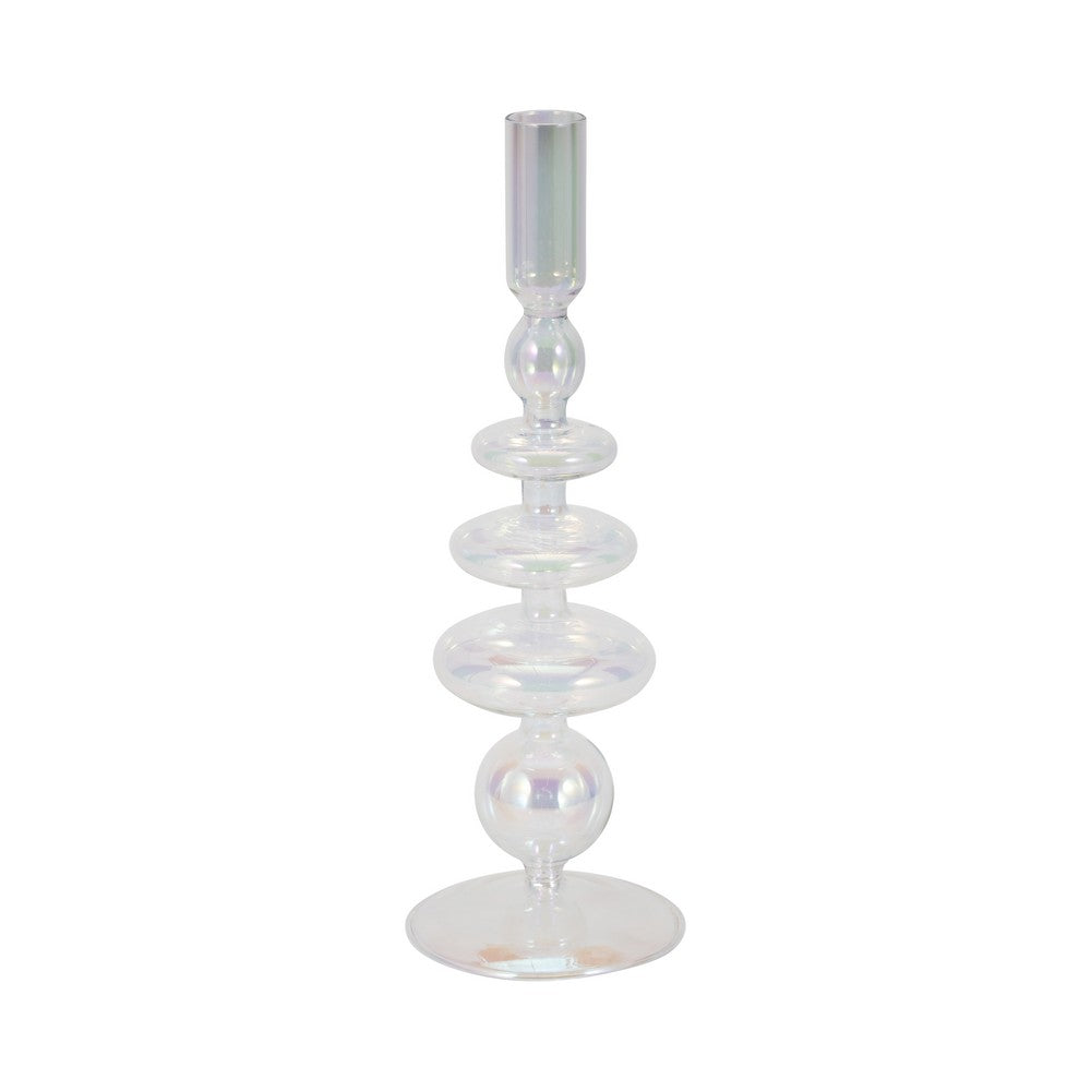 11" Vintage Glass Tapered Candle Holder w Iridescent Clear Luster